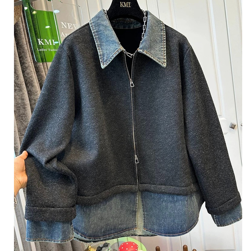 胖mm大码300斤牛仔拼接假两件卫衣外套女秋冬厚款双拉链翻领夹克,女装/女士精品,常规大码外套,淘宝优惠券,粉丝福利购,淘宝优惠卷