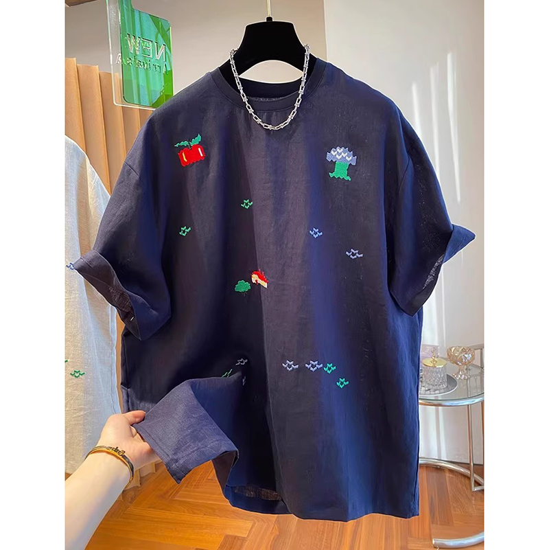 胖mm特大码300斤卡通刺绣减龄亚麻短袖t恤女夏宽松棉麻打底衫上衣