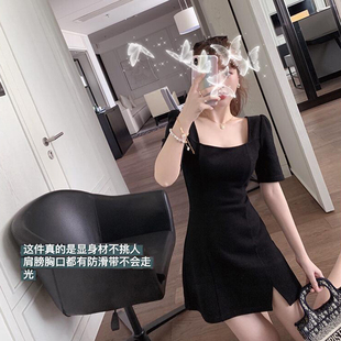 复古气质女神范裙子 300斤赫本风方领连衣裙女夏法式 胖mm特大码