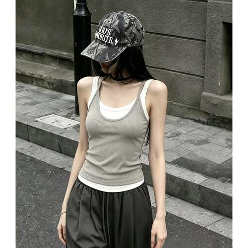 胖mm特大码300斤法式辣妹假两件吊带背心女夏设计感露背无袖上衣