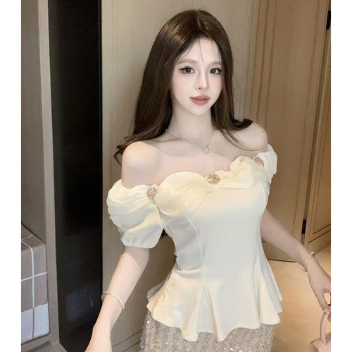 胖mm特大码300斤法式一字领钉珠T恤女夏短袖露肩上衣修身洋气小衫