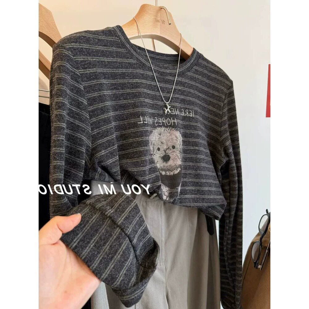 胖mm特大码300斤可爱狗狗印花条纹长袖T恤女春秋软糯舒适宽松上衣