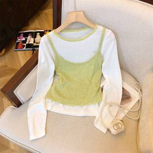 胖mm特大码300斤韩式小个子两件套针织衫女春秋撞色吊带背心上衣