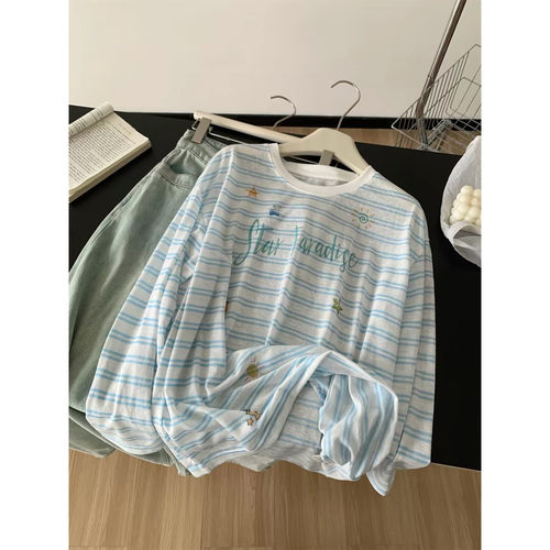 胖mm特大码300斤小清新蓝白条纹防晒罩衫女夏薄款休闲长袖T恤上衣
