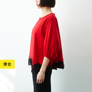 清仓／饰立体花朵泡泡袖宽松T恤衫 小鱼夏季红色复古简约气质上衣