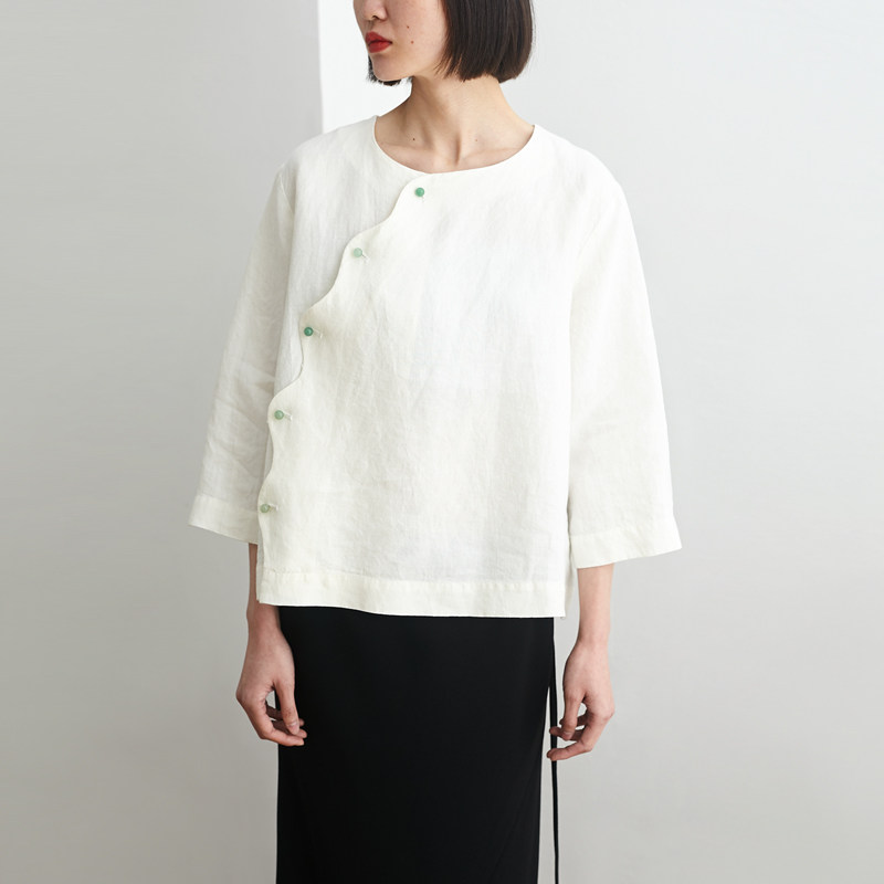 饰玉石汉麻花瓣边中式上衣 小鱼春夏季宽松简约女士气质白色衬衫