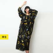 清仓 裙袍 黑色宽松小众女长款 醋酸真丝复古花朵连衣裙 小鱼春秋季