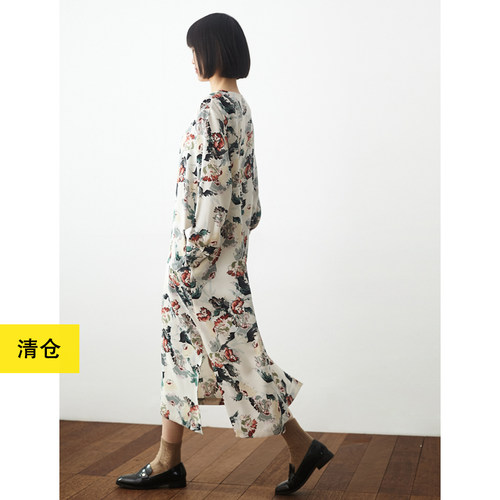 花朵中式系带显瘦长款连衣裙