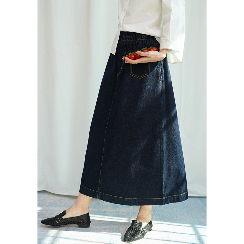 土耳其长款牛仔裙 小鱼春秋宽松复古深蓝a字大码女士牛仔棉半身裙