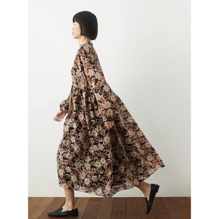 醋酸真丝宽松立领复古长裙小鱼春季新款娃娃裙长袖气质大摆连衣裙