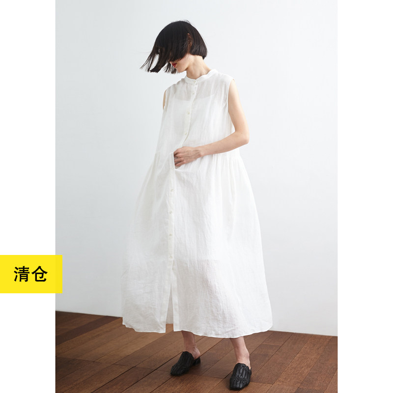 清仓/仙气冰白色亚麻气质背心裙 小鱼夏季宽松无袖长裙长款连衣裙