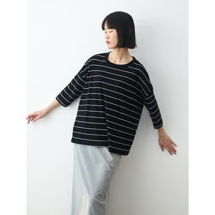 黑白细条纹圆领五分袖棉t恤衫 小鱼春夏季休闲通勤简约针织上衣女