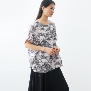 夏季新品 东方古典淡粉亭阁印花棉麻上衣小鱼宽松休闲女中式T恤衫