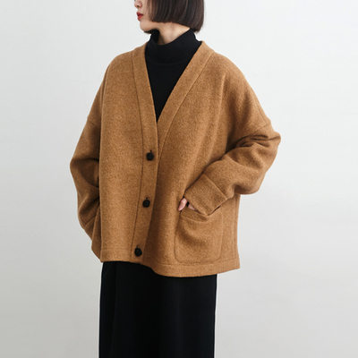 三色羊毛呢绒宽松气质开衫外套