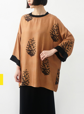 瑕疵清仓 / 飘逸松果印花文艺长款上衣小鱼宽松气质七分袖女T恤衫