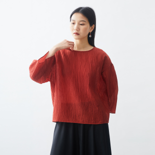 春夏新品 小鱼简约百搭复古女上衣 仙气绯红条纹褶皱宽松气质罩衫