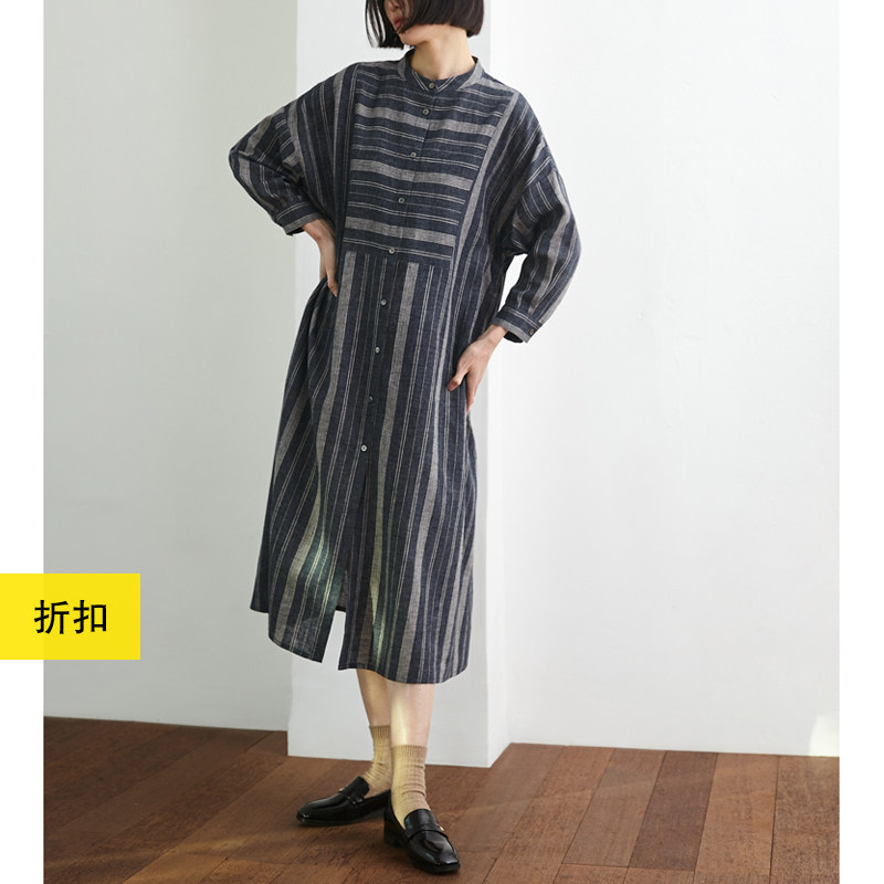 色织亚麻棉条纹复古衬衫裙