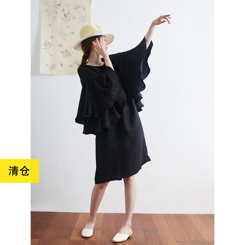清仓 / 黑色设计感天丝亚麻连衣裙 小鱼春夏季气质优雅花瓣袖中裙