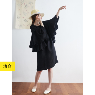 气质优雅花瓣袖 小鱼春夏季 中裙 黑色设计感天丝亚麻连衣裙 清仓