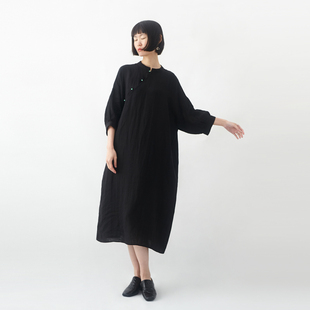 亚麻新中式 宽松立领显瘦复古玉石扣裙袍女 改良茶歇连衣裙小鱼夏季