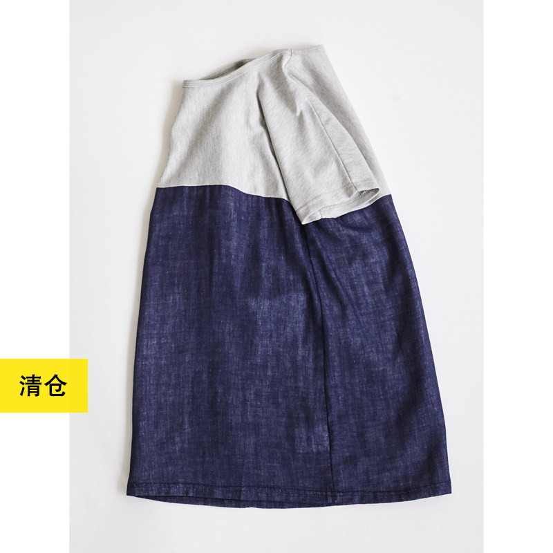 清仓 / 女童棉麻拼色儿童连衣裙 小鱼春夏季蓝色灰色超宽松裙袍