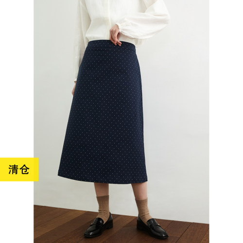 藏蓝波点百搭文艺半身裙