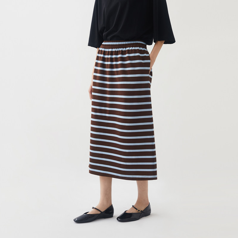 纯棉条纹针织百搭复古半身裙小鱼早秋新款休闲文艺宽松显瘦中长裙