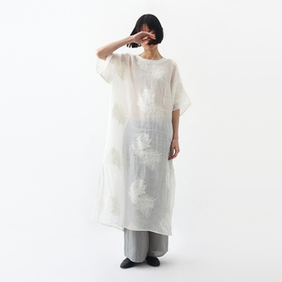 清凉仙气苎麻绣花高叉裙 小鱼夏季新款飘逸透视长款小众连衣裙