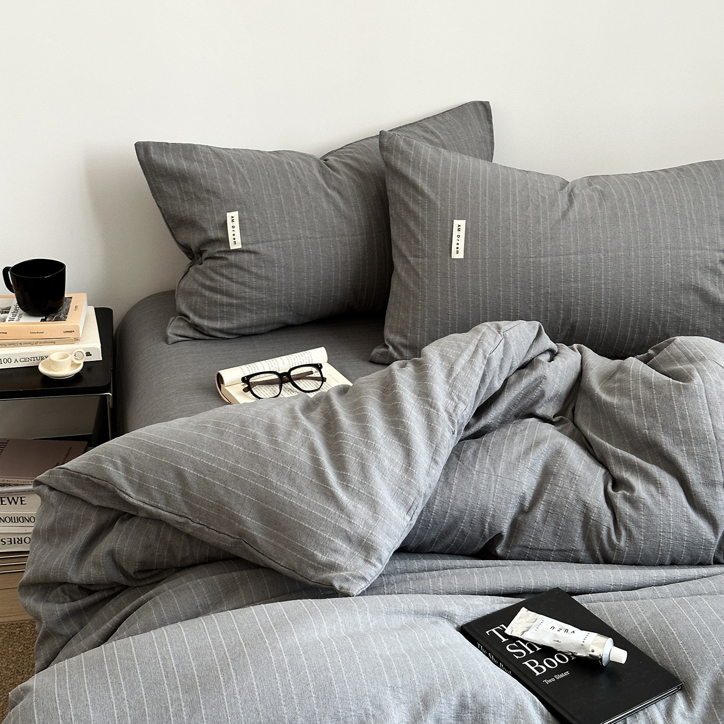 高级感烟灰色四件套纯棉床上用品裸睡男生被套床单学生宿舍三件套