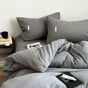 高级感烟灰色四件套纯棉床上用品裸睡男生被套床单学生宿舍三件套