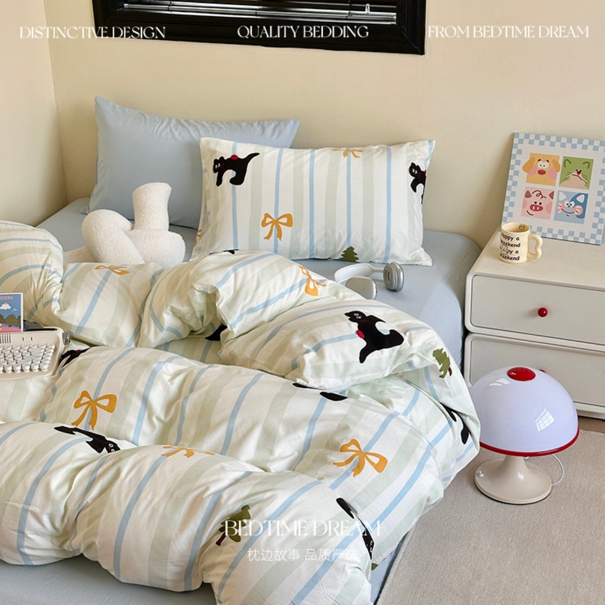 ins蓝色条纹小猫水洗棉四件套儿童卡通被套床笠床单学生三件套1.5