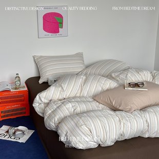 复古风简约条纹四件套纯棉床上用品被套床笠学生宿舍床单人三件套