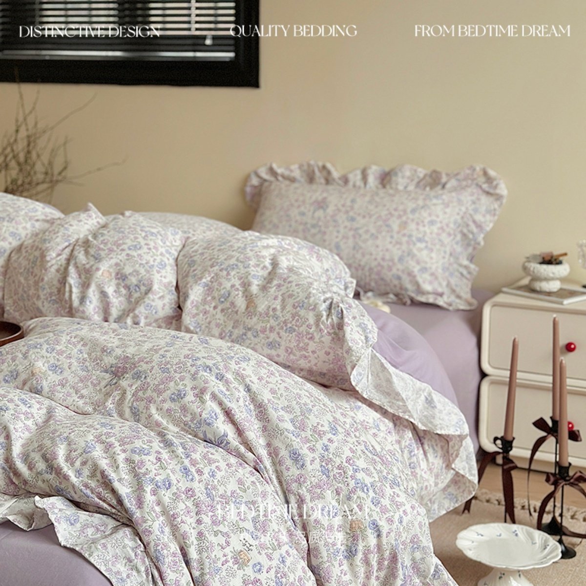 浪漫紫色小碎花水洗棉床上四件套田园风被套被罩学生床单人三件套