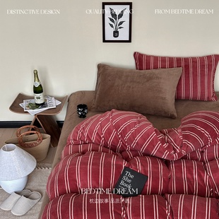 复古风红色条纹加厚牛奶绒四件套保暖被套被罩床单三件套床上用品