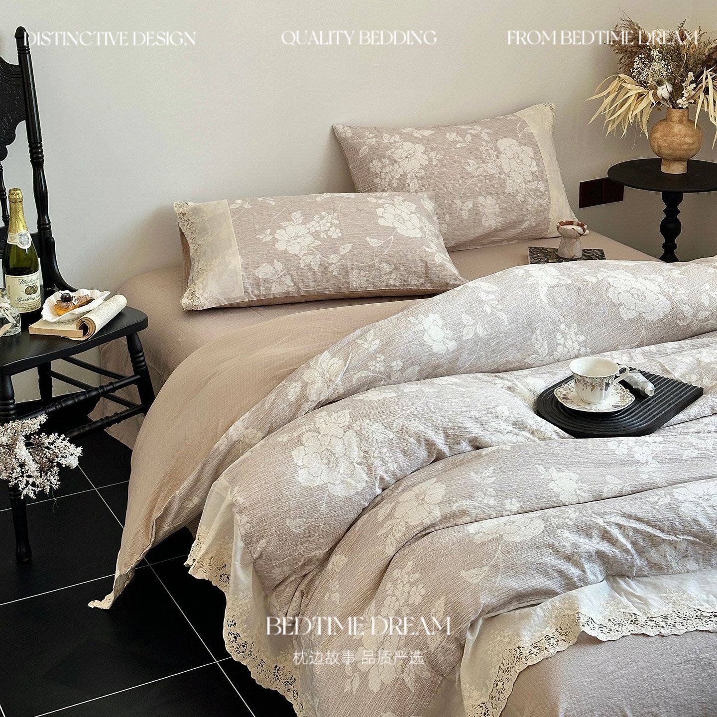 复古法式蕾丝花边床上四件套纯棉田园风花卉被套床笠床单人三件套