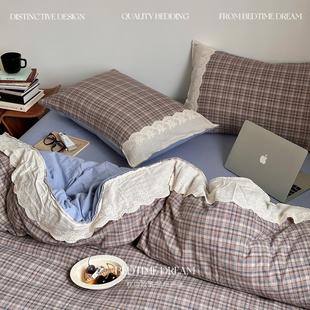 简约A类复古格纹水洗棉麻四件套纯棉蕾丝花边被套床单学生三件套4