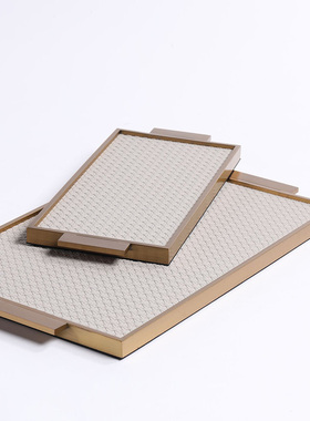 简约金属皮革托盘客厅茶几饰品收纳盘黑灰软装置物盘售楼处装饰盘