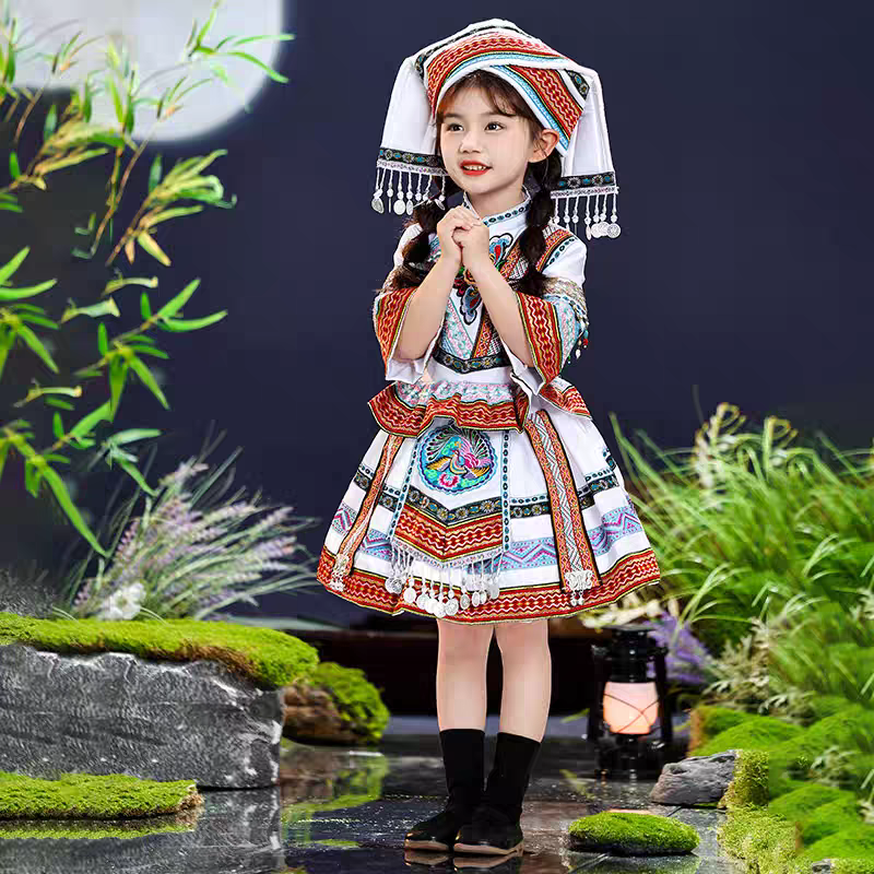 新款广西三月三儿童壮族服装少数民族舞蹈演出服女童表演服饰套装