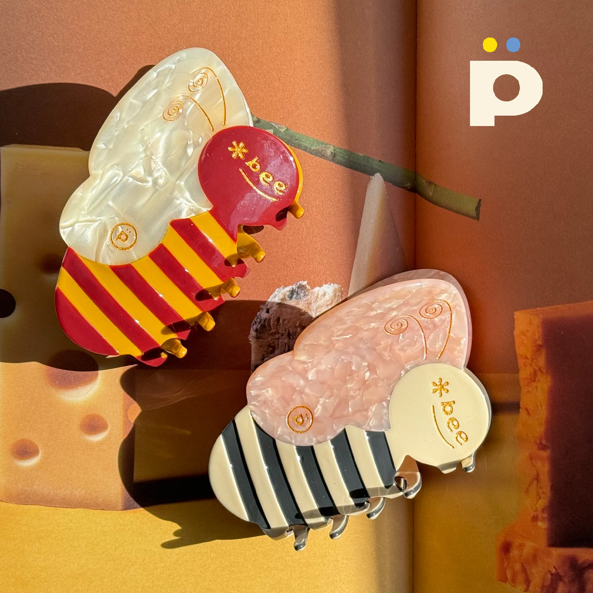 POMPON原创2色蜜蜂条纹撞色抓夹有趣可爱醋酸鲨鱼夹发夹