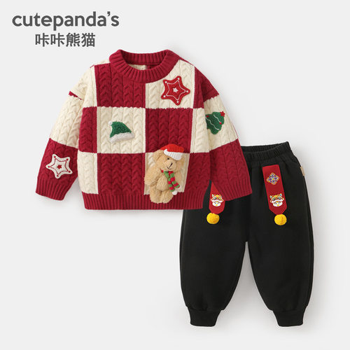 咔咔熊猫儿童圆领毛衣加绒裤子男童圣诞套装婴儿冬装宝宝过年衣服