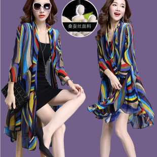 大码 夏季 空调衫 雪纺开衫 显瘦外搭披肩薄长外套度假风防晒衣女 新款