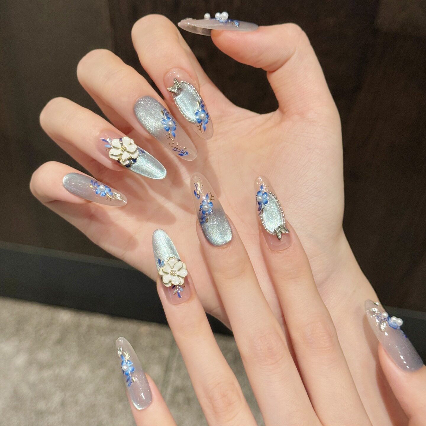 手工穿戴甲白釉青花猫眼长款美甲新中式国风花卉高品质美甲贴片