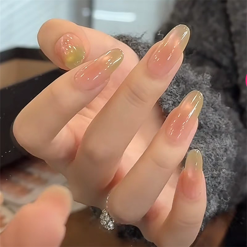 手工穿戴甲夏季清新芭乐猫眼美甲绿色指尖渐变清透玻璃珠指甲贴片