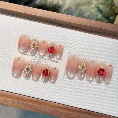 2026新年美甲红色宫灯中国结堆钻猫眼美甲国风美甲高品质指甲贴片