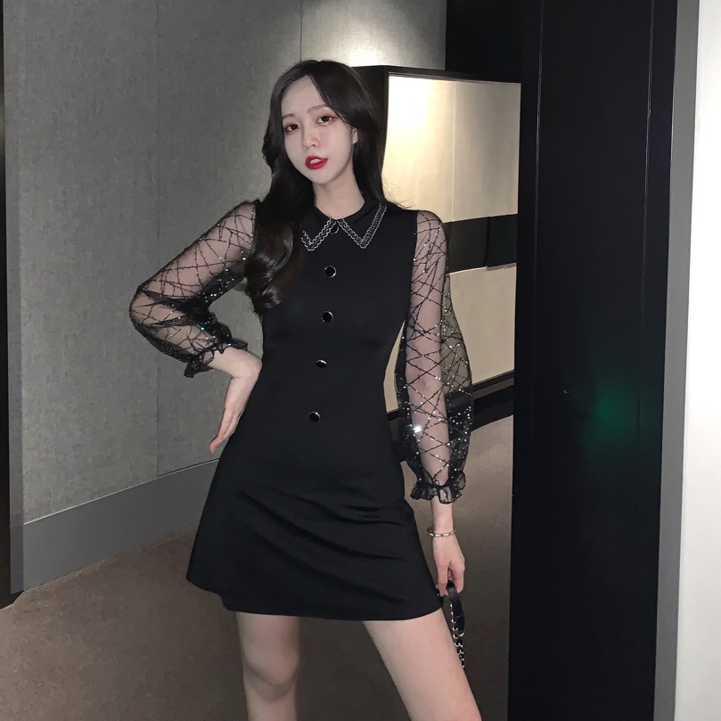 (用5.22元券)时尚新款2019韩版潮翻领气质修身显瘦纯色拼接蕾丝华丽短款连衣裙