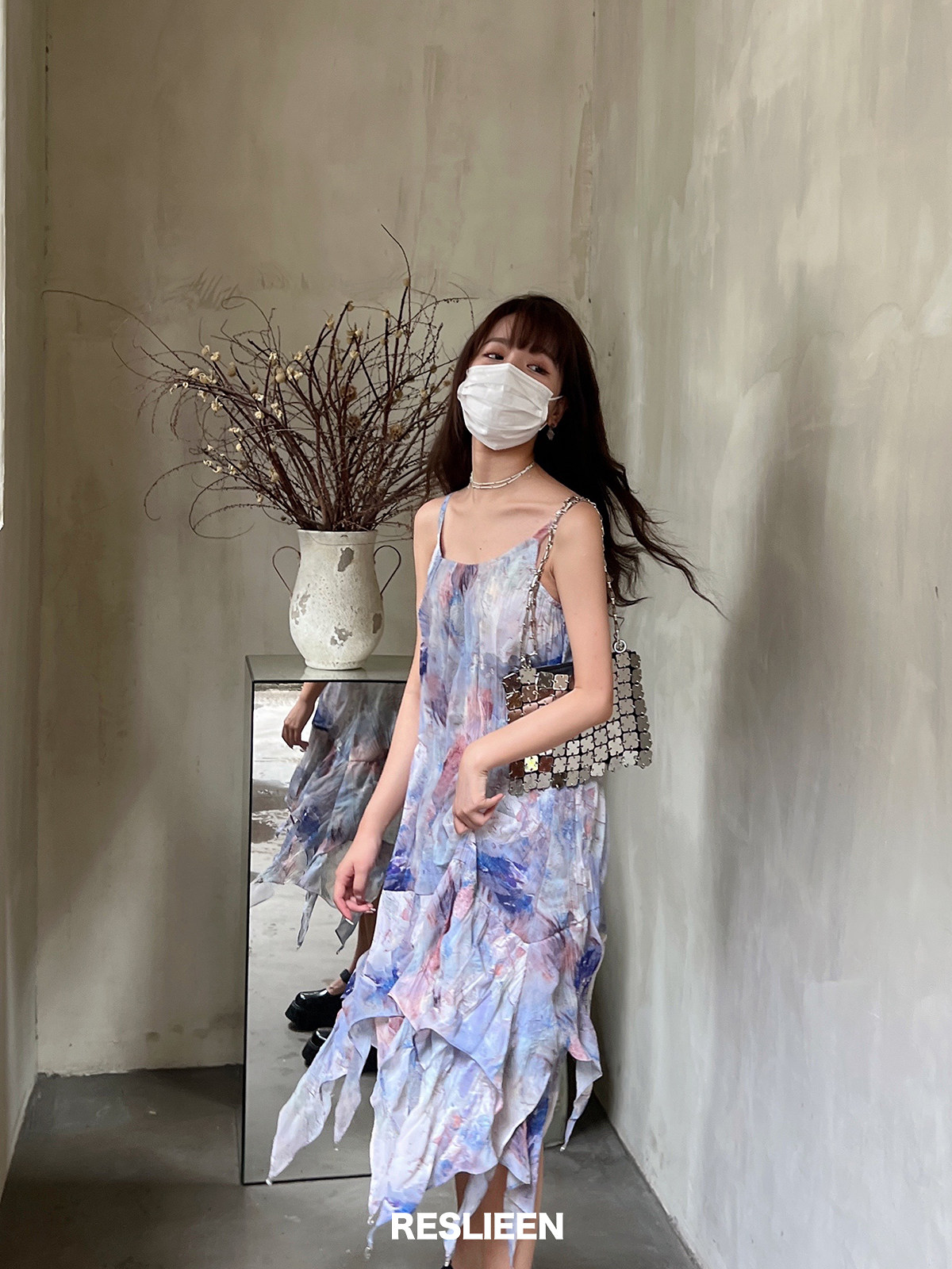 reslieen「mermaid」小美人鱼的油画吊带裙 不规则下摆设计师高级