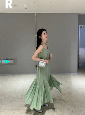 RESLIEEN「foggy」丝麻炒色 古典时髦高级感小众设计师鱼尾吊带裙