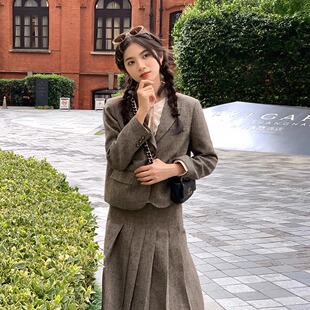 RESLIEEN「剑桥学院」黑芝麻毛呢贵族学院千金西装 半裙短裙套装