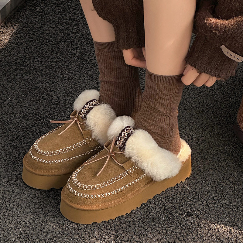牛皮版~手缝线厚底包头外穿拖鞋轻便厚底增高羊毛乐福鞋女雪地靴,女鞋,时尚雪地靴,淘宝优惠券,粉丝福利购,淘宝优惠卷