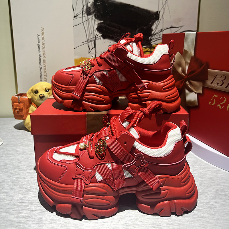 7cm增高红色秀禾婚鞋女2026春季新款厚底增高真皮老爹鞋本命年鞋,女鞋,时尚休闲鞋,淘宝优惠券,粉丝福利购,淘宝优惠卷